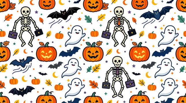 Halloween background showing skeletons carrying briefcases alongside smiling pumpkins, bats, and flying ghosts.