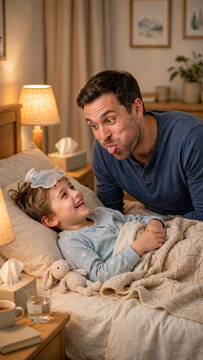 Caring father making funny faces to cheer up his sick child resting in bed