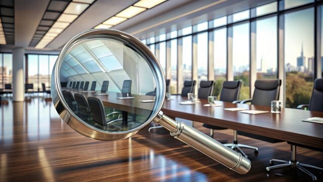 Magnifying Glass in Focus on Modern Conference Room Interior Design
