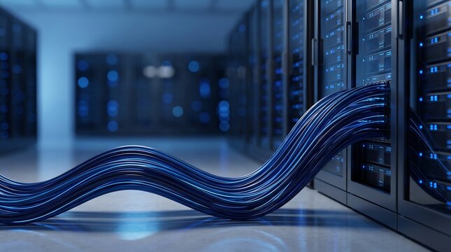 Multiple blue ethernet cables connected to server racks in data center showing network infrastructure and high speed data transfer for cloud computing and internet services