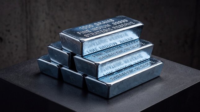 6 Stacked 1000 Gram Fine Indium Bullion Bars, Strategic Reserve Pyramid on Dark Background