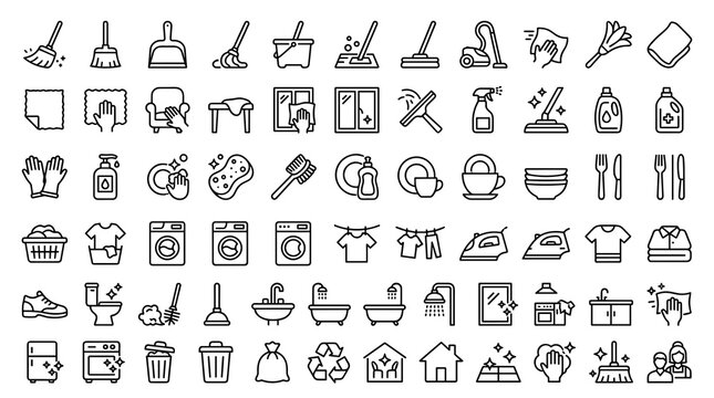 Home Cleaning Outline Icon Collection Featuring Floor Washing, Window Cleaning, Dishwashing, Laundry, Dusting, Sweeping and Housekeeping