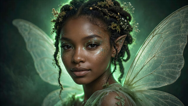 Black Fairy with Delicate Glitter Makeup and Soft Green Atmospheric Backlighting