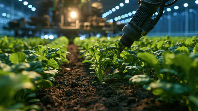 Seedling transplanter robot works in greenhouse with plants