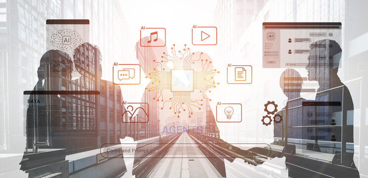 A dynamic business meeting showcasing collaboration in an AI-driven environment, emphasizing technology, data analysis, and modern urban design with engaging digital interfaces. Cyphers