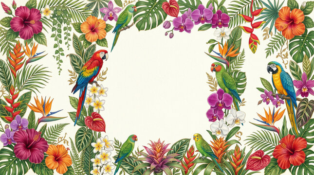 Vibrant Tropical Floral Border with Colorful Exotic Birds in Circular Frame