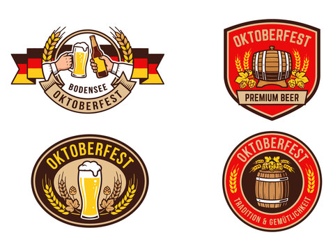 Set of four vintage oktoberfest beer festival emblems and logos isolated on transparent background