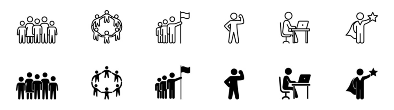 Teamwork, leadership, and business success outline and solid vector icon set featuring group unity, leader flag, strong person, desk worker, and superhero star.