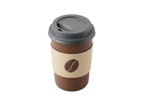 Brown disposable coffee cup with grey lid and cardboard sleeve isolated on transparent background for cafe branding