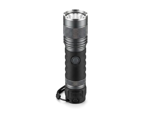Black tactical flashlight with lanyard isolated on white background
