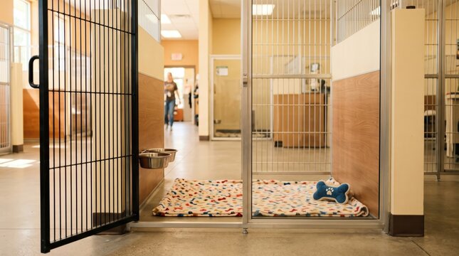 Modern dog kennel interior with glass doors and comfortable bedding