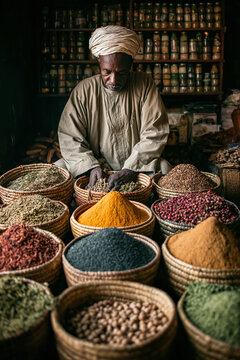 Spice merchant wearing turban sorting colorful aromatic spices in traditional market shop