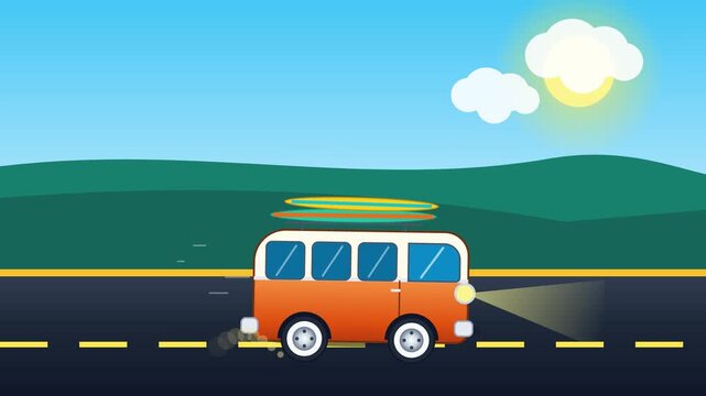 Retro Camper Van Driving on a Sunny Road Trip Animation