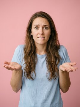 Confused Young Woman Shrugging Shoulders and Biting Lip Against Pink Background