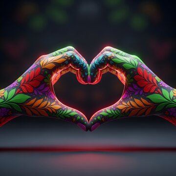 Hands forming colorful heart shape with leaves