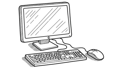 Fototapeta premium Computer, keyboard and mouse line art drawing. desktop pc monitor, office technology in black and white sketch style. hand drawn vector illustration of personal computer isolated on white background.