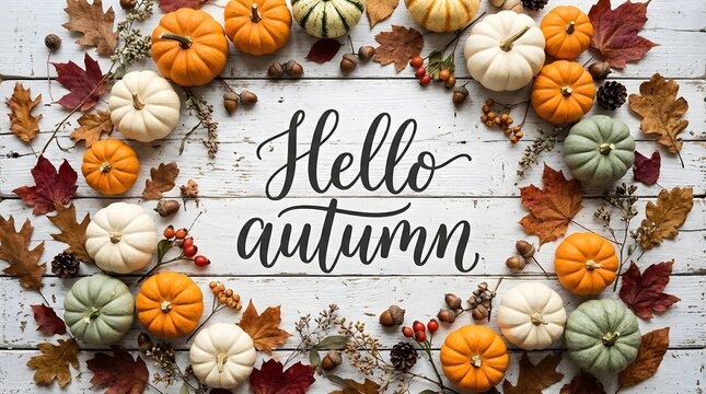 Hello autumn greeting with pumpkins and fall leaves isolated on white background