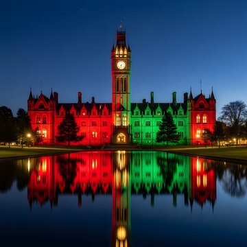 Illuminated historic building with clock tower at night