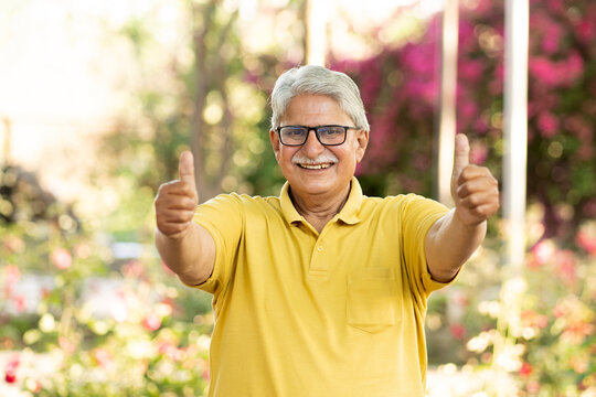 Indian  happy senior man showing thumbs up feels freedom, fun and spending time at the park after retirement