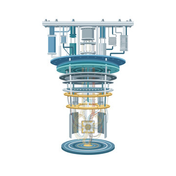 Vector illustration of a quantum computer dilution refrigerator and processor core isolated on white background
