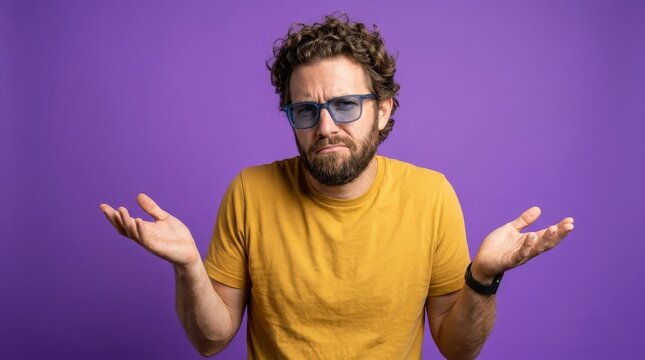 Skeptical Young Man with Beard and Glasses Shrugging Hands in Confusion over Purple Backdrop