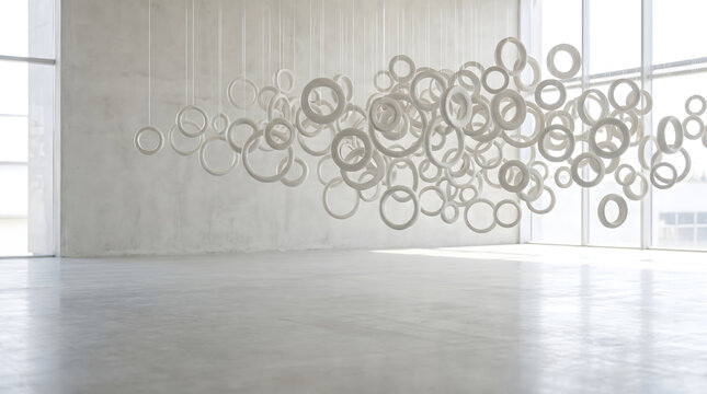 Suspended cluster of interlocking white rings in gallery