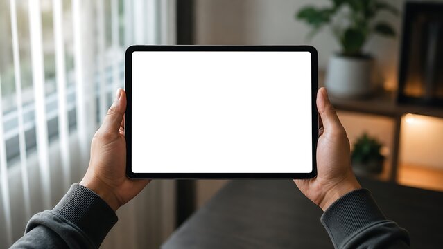 Man holding modern tablet computer with blank mockup screen in bright room