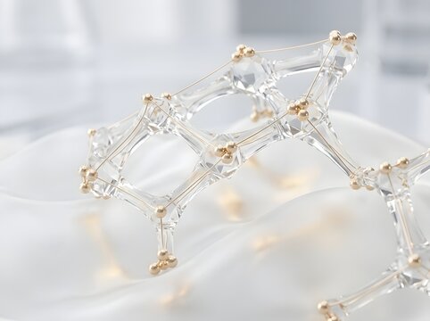Intricate Translucent Molecular Model Showcasing Geometric Precision with Golden Atomic Connections Against Soft Gradient Background