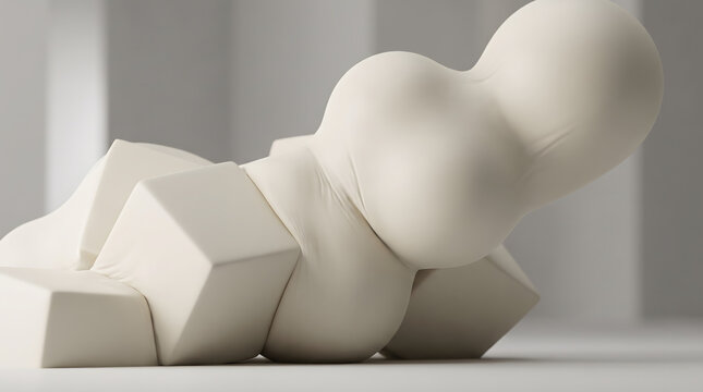 Abstract biomorphic bulbous sculpture with geometric cubes