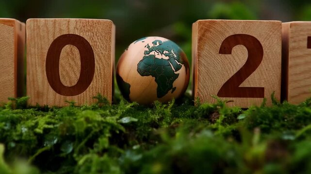 Wooden Blocks Spelling 2027 on Moss Background with Earth Icon Replacing Zero for Sustainable Future