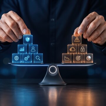 Digital asset growth and risk balance on scale, business concept photo