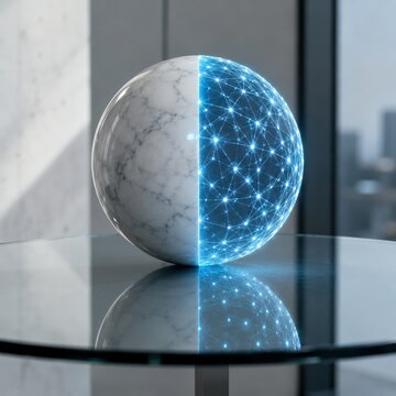 digital asset growth concept with marble and glowing network sphere
