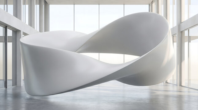 Large white mobius strip ribbon sculpture in modern showroom