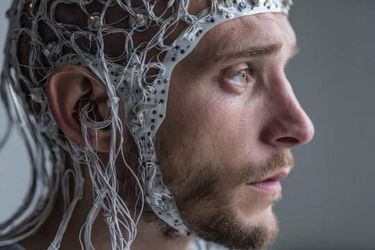 Man with EEG cap and wires during brain study with soft light and shallow depth of field symbolizing neuroscience research