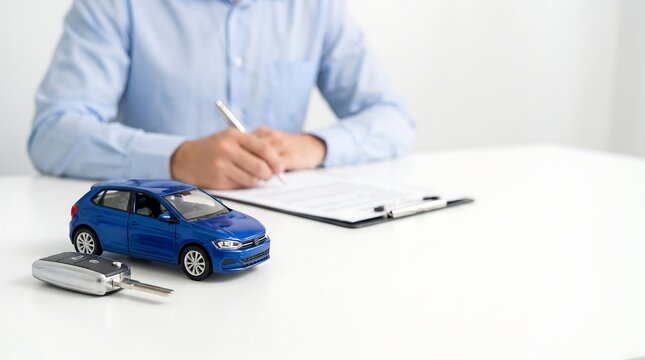 Professional signing a car purchase agreement with a miniature blue car and vehicle keys on a white office table