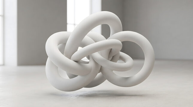 Interlocking white torus ring knot sculpture on clean floor