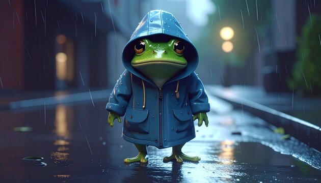 Cute Frog Illustration Wearing A Blue Raincoat Walking On A Rainy City Street At Night