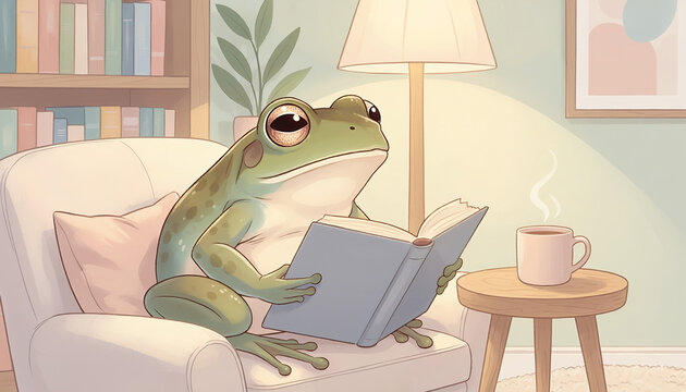 Frog Illustration of a Cute Frog Reading a Book in a Cozy Living Room Armchair Setting