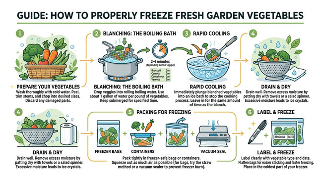 Guide to Freezing Fresh Garden Vegetables: Step-by-Step Blanching, Cooling, Packing and Labeling for Home Food Preservation