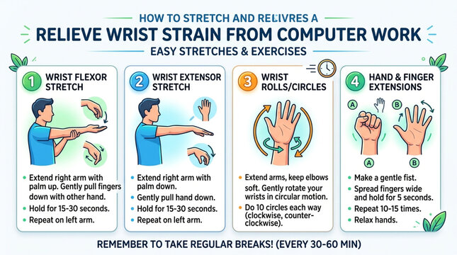 Infographic Guide for Wrist Stretches and Exercises to Relieve Strain from Computer Work