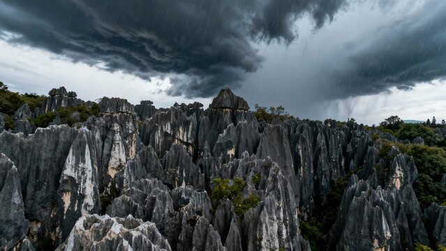 Dramatic limestone karst formations under stormy sky