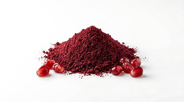 A vibrant mound of pomegranate powder accompanied by fresh red arils isolated on a clean white background