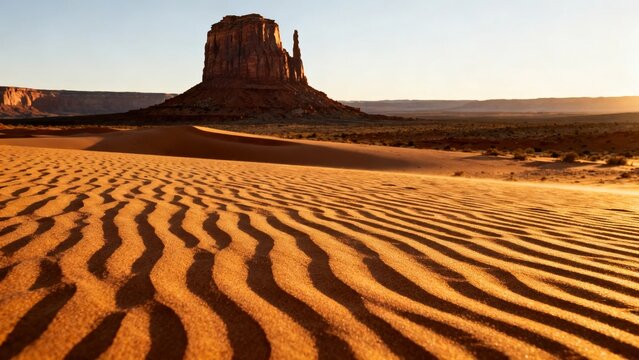 Sand dunes with ripple patterns in a desert landscape at sunset, featuring a prominent rock formation in the background