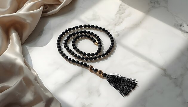 Elegant black misbaha tasbih with gold details and black tassel on luxury marble background with beige satin, Islamic Ramadan concept