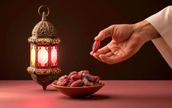 Beautiful iftar composition showcasing ornate lantern and hand reaching for dates during Ramadan