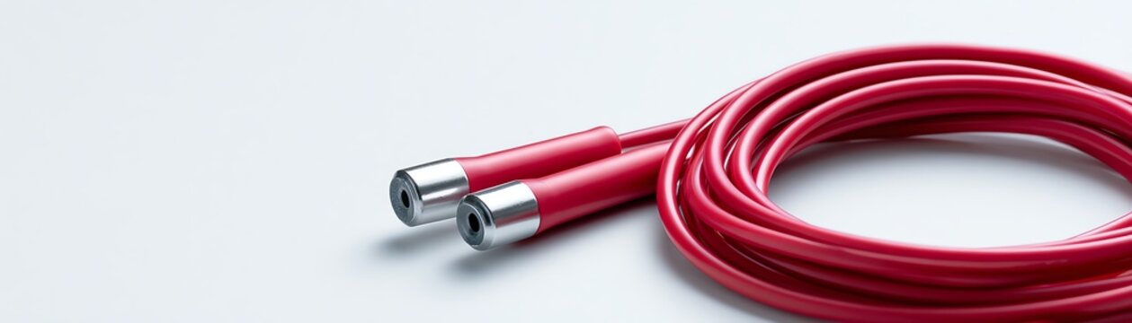 Red audio cable with metallic connectors.