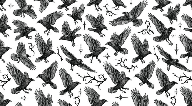 PrintGothic Raven and Flying Crow Seamless Pattern with Mystical Runes and Twisted Bare Tree Branches on White Background for Halloween and Witchcraft Fabric Designs