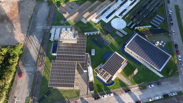 Multiple Solar Panel Technologies at a Renewable Energy Research and Innovation Facility in Florian&oacute;polis, Brazil. Aerial View.