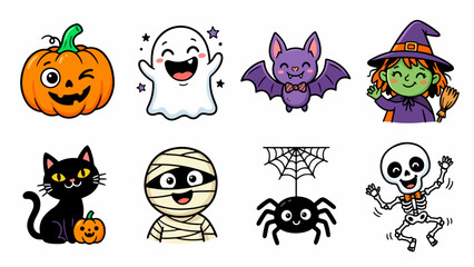 Fototapeta premium Cute Halloween vector elements collection featuring friendly pumpkin, ghost, bat, witch, cat, mummy, spider, and dancing skeleton characters for festive designs