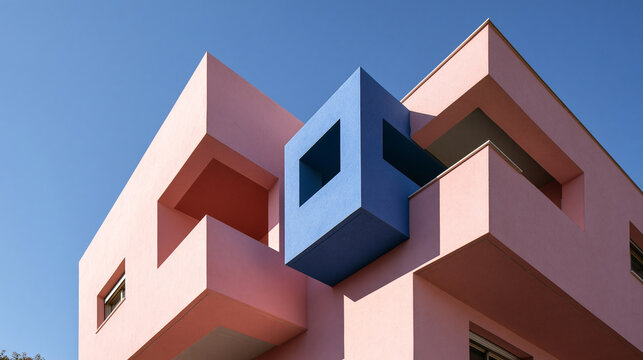 Architectural Detail of Pastel Housing with Angular Blue Extension